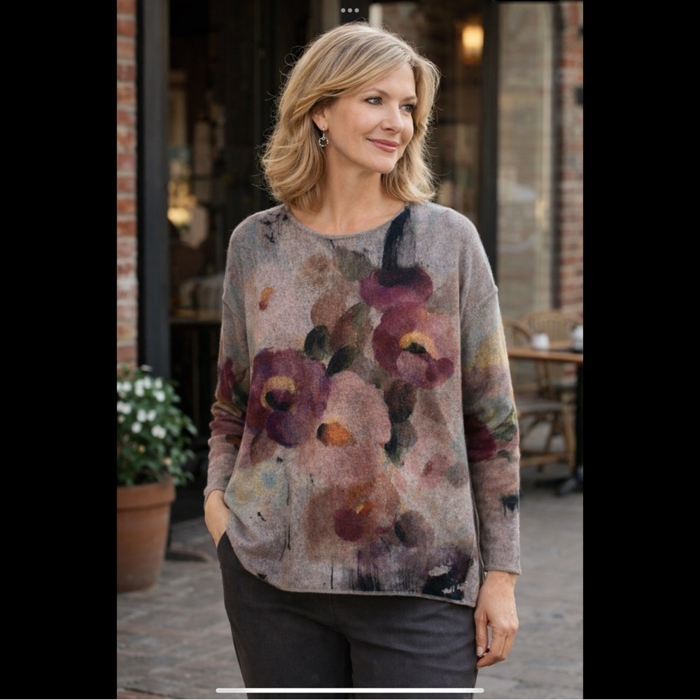 Trisha Tyler Floral Knit Sweater S Abstract Watercolor Pullover